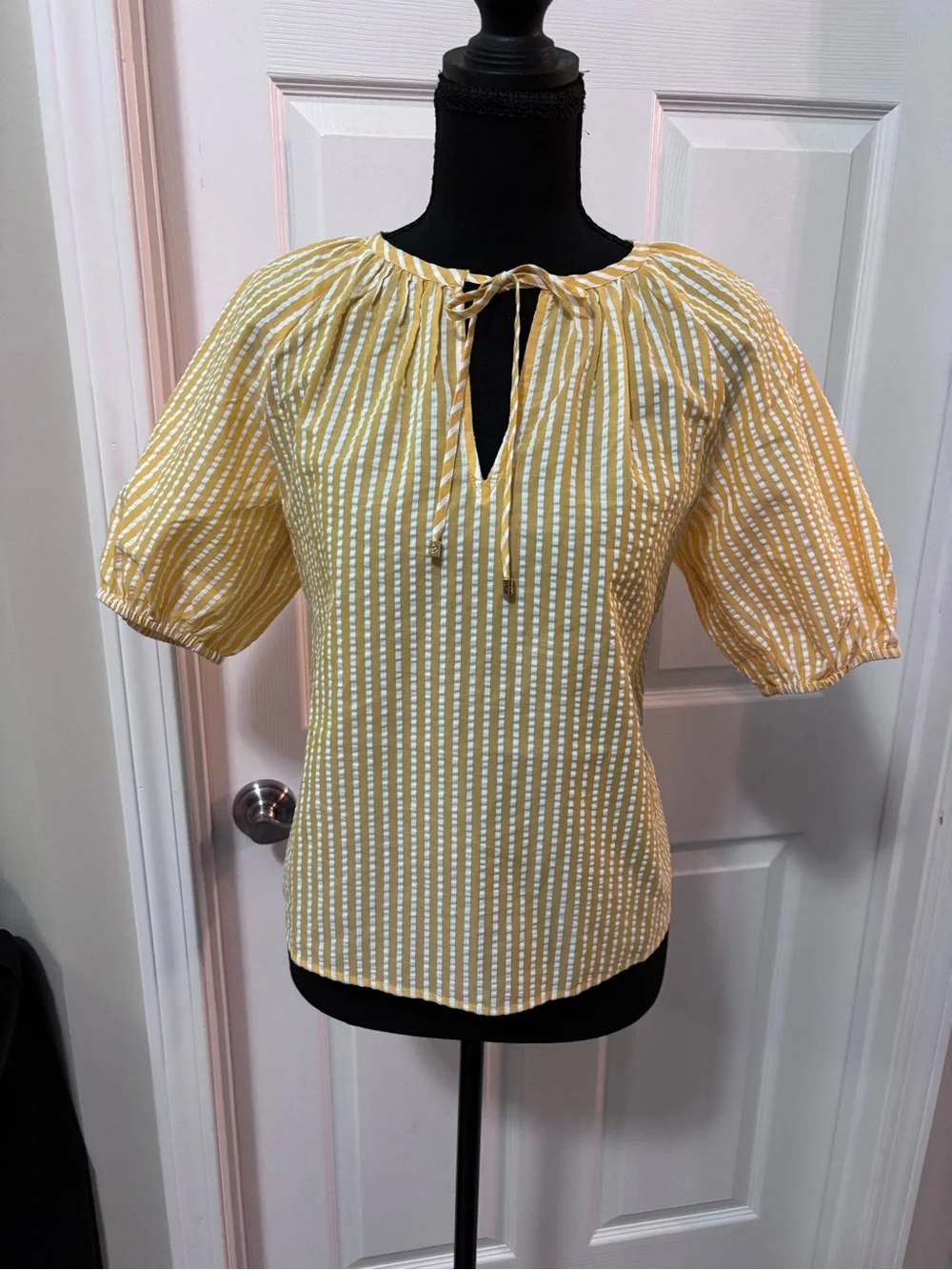Michael Kors Yellow and White Striped Tie-Neck Blouse